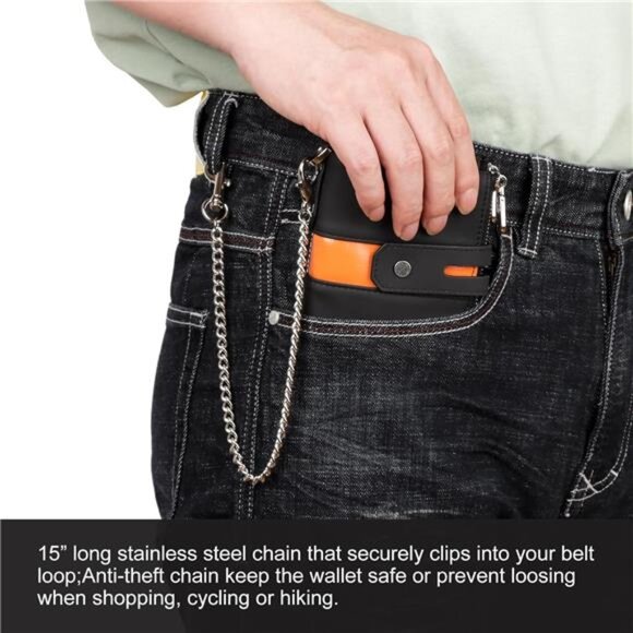 Mens Wallets with Chain Genuine Leather Black Orange - Picture 2 of 7